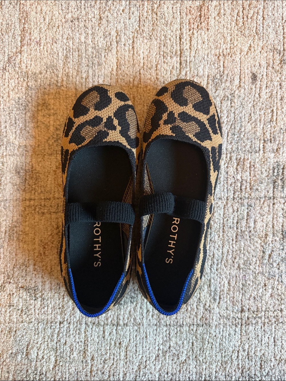 Rothy's Kids Leopard Print Mary Jane Flats in Tan and Black with Blue Trim